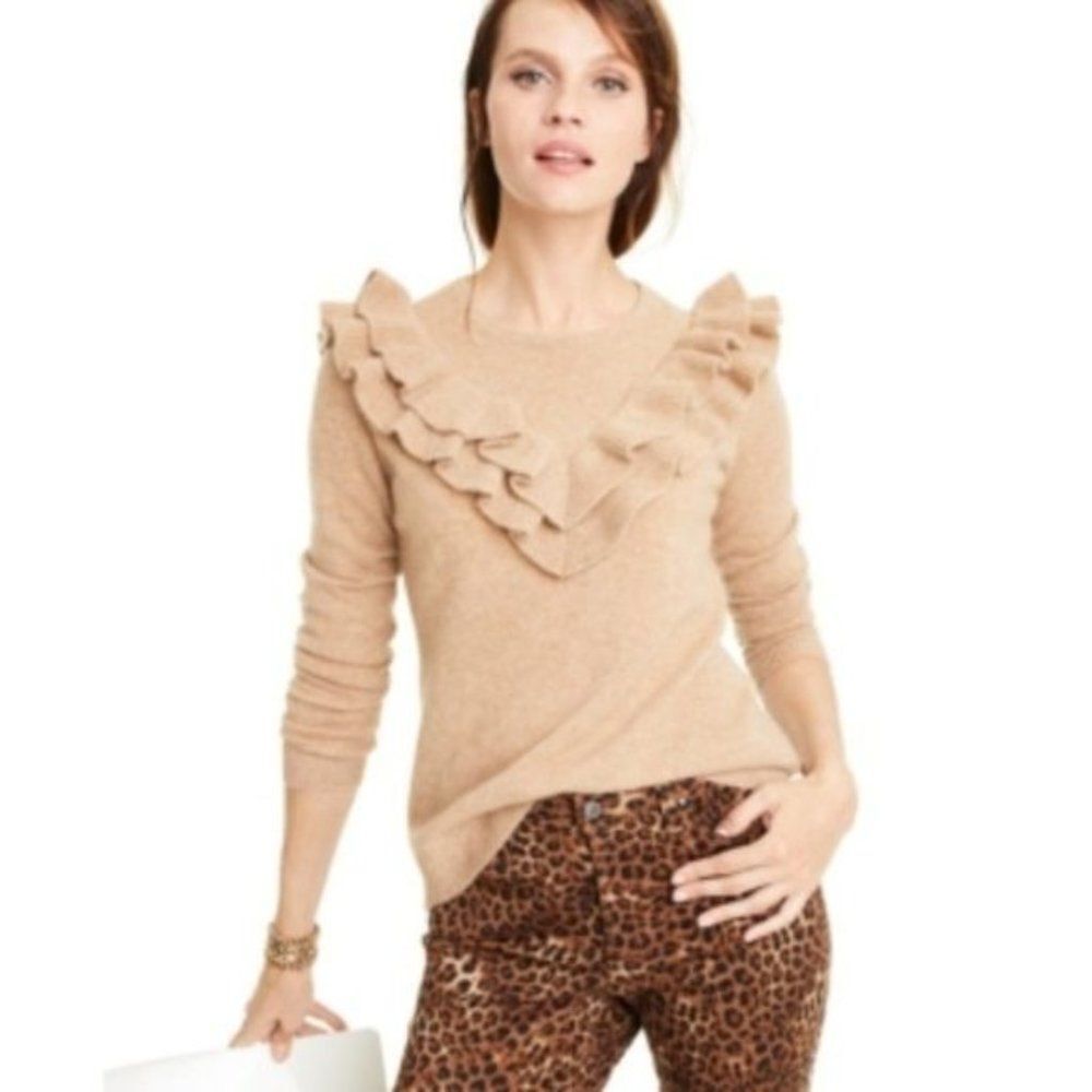 Charter Club Cashmere Ruffle Trim Sweater Women's Size Large Tan Brown Winter